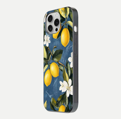 Lemon Dream Garden Glass Case for iPhone 16 Pro side-angle image showing reflection clarity and artistic fruit design