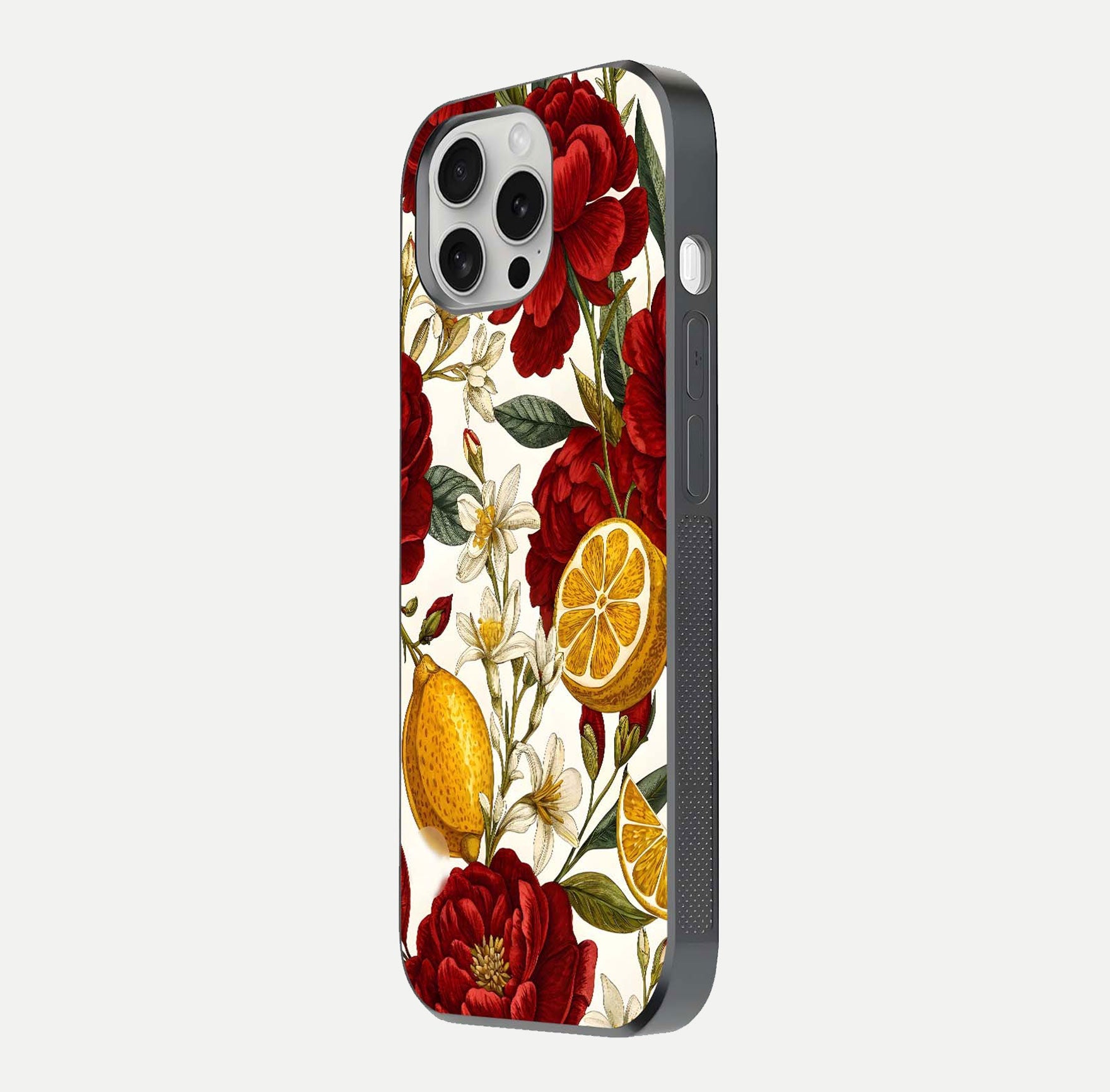 Lemon Rose Charm Glass Case for iPhone 16 Pro side-angle image revealing reflection depth and vibrant flower art