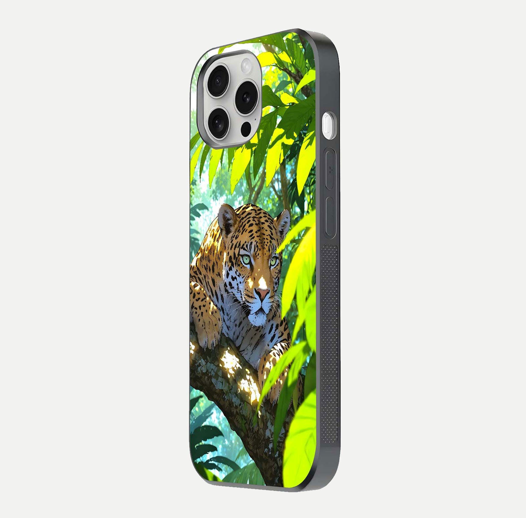 Leopard in Jungle Glass Case for iPhone 16 Pro side-angle shot emphasizing contrast and fierce design clarity