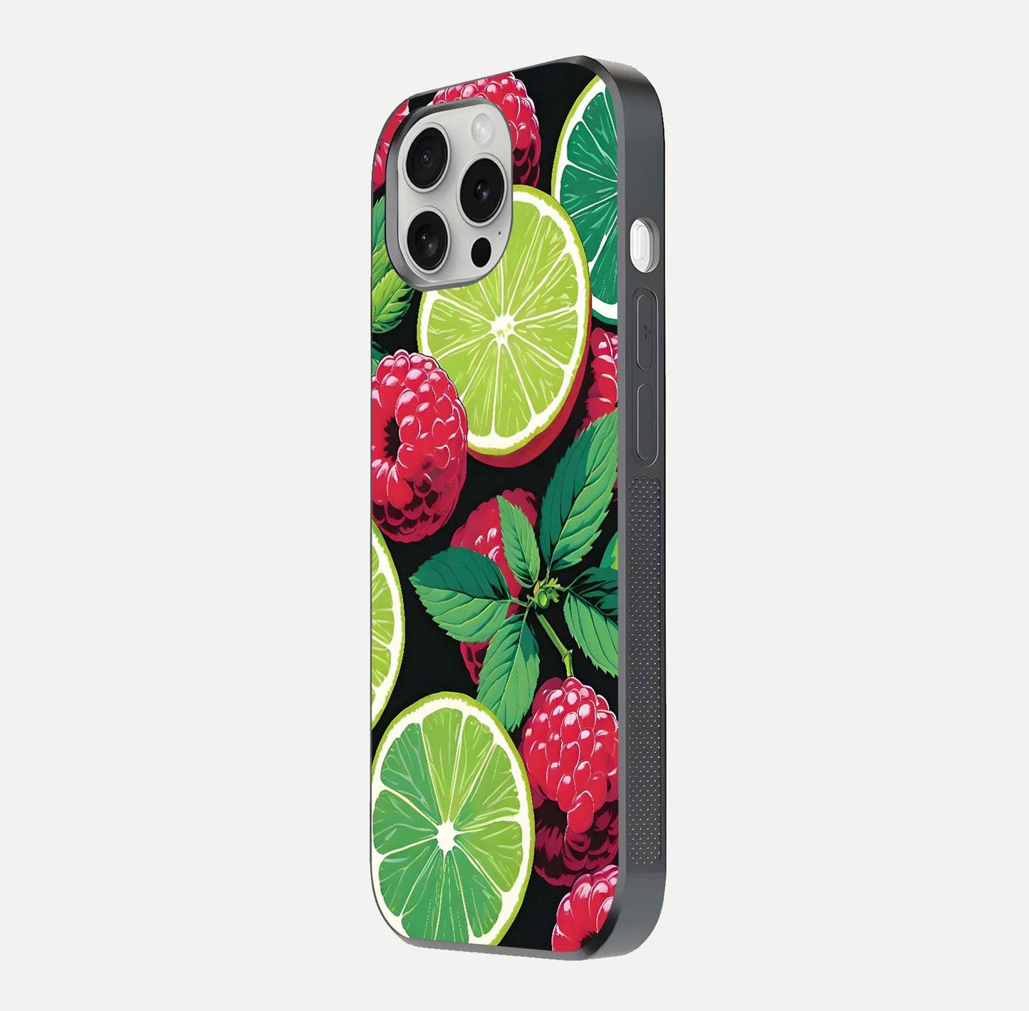 Lime and Raspberry Pattern Glass Case for iPhone 16 Pro side-angle view revealing colorful fruit artwork details