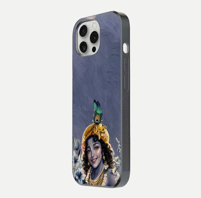 Lord Krishna Glass Case for iPhone 16 Pro side-angle image emphasizing premium reflection and sacred motif