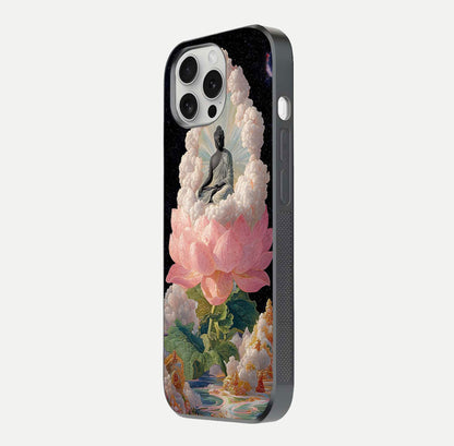 Lotus Divine Peace Glass Case for iPhone 16 Pro side-angle shot showing elegant shine and floral symmetry