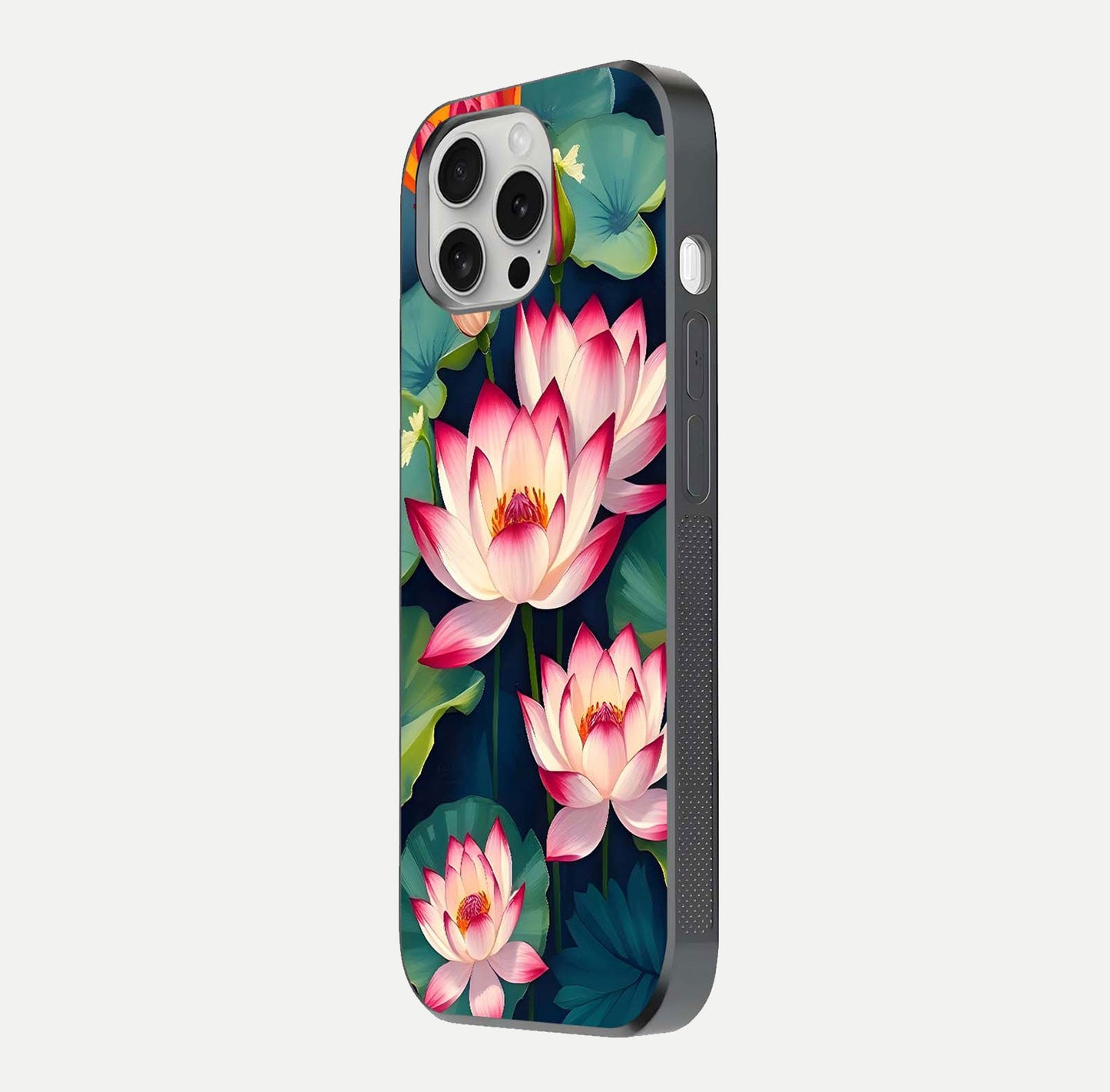 Lotus Dream Serenity Glass Case for iPhone 16 Pro side-angle image revealing reflection clarity and calm tones