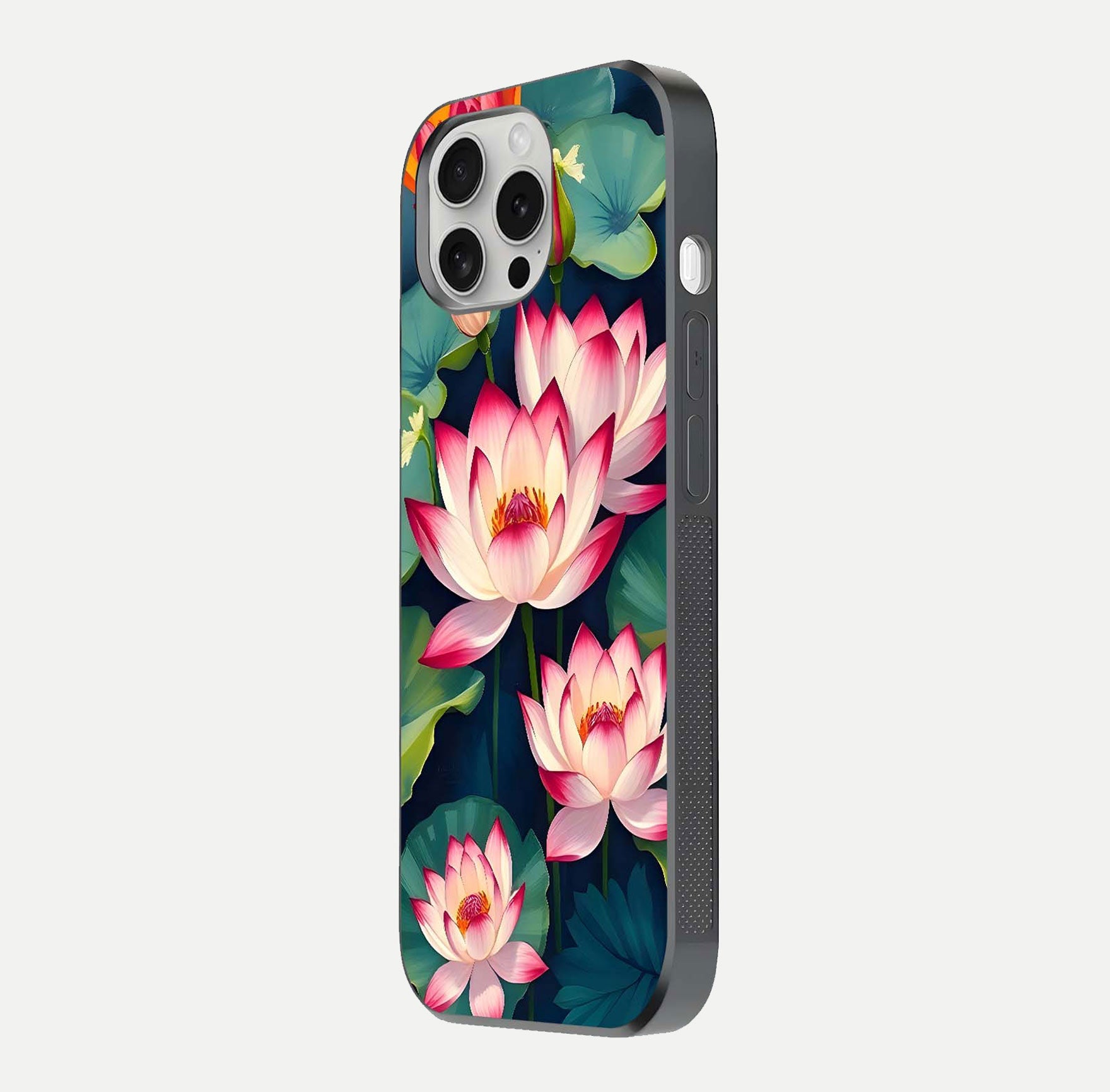 Lotus Dream Serenity Glass Case for iPhone 16 Pro side-angle image revealing reflection clarity and calm tones