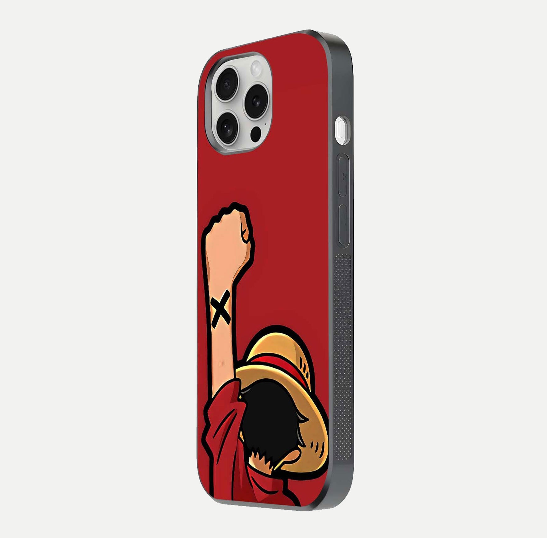 Luffy X Spirit Glass Case for iPhone 16 Pro side-angle image highlighting reflection strength and anime print