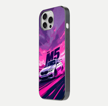 MS Neon Car Glass Case for iPhone 16 Pro side-angle image showing glow reflection and car detailing