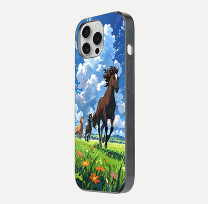 Majestic Horses Galloping Glass Case for iPhone 16 Pro side-angle shot emphasizing reflection and running artwork