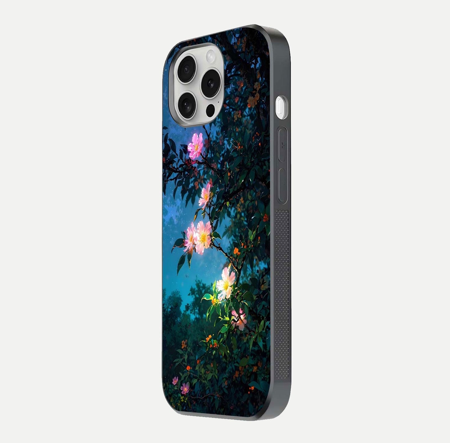 Midnight Bloom Glow Glass Case for iPhone 16 Pro side-angle image revealing reflection and deep midnight hues