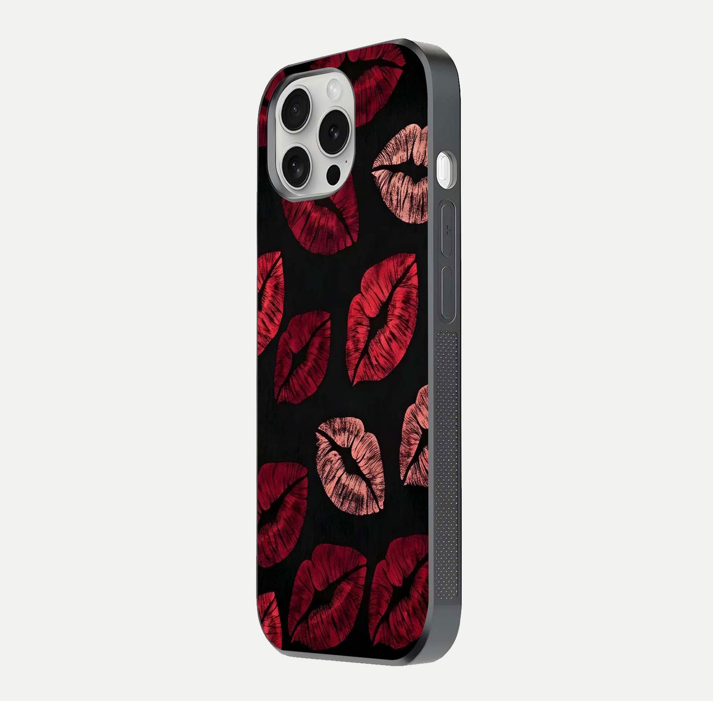 Midnight Kiss Love Glass Case for iPhone 16 Pro side-angle image revealing gloss texture and deep love motif