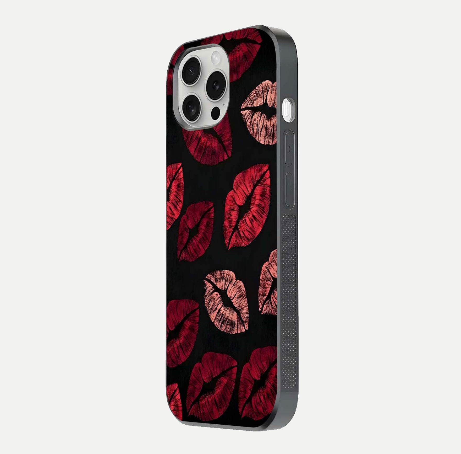 Midnight Kiss Love Glass Case for iPhone 16 Pro side-angle image revealing gloss texture and deep love motif