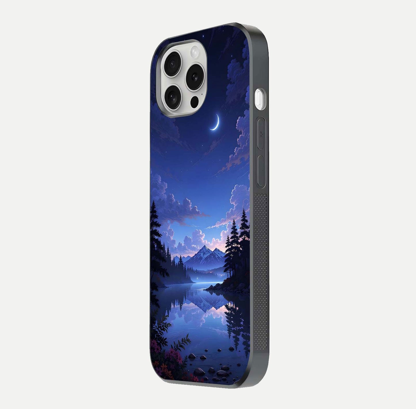Midnight Lake Peace Glass Case for iPhone 16 Pro side-angle image showing HD shine and tranquil color tones