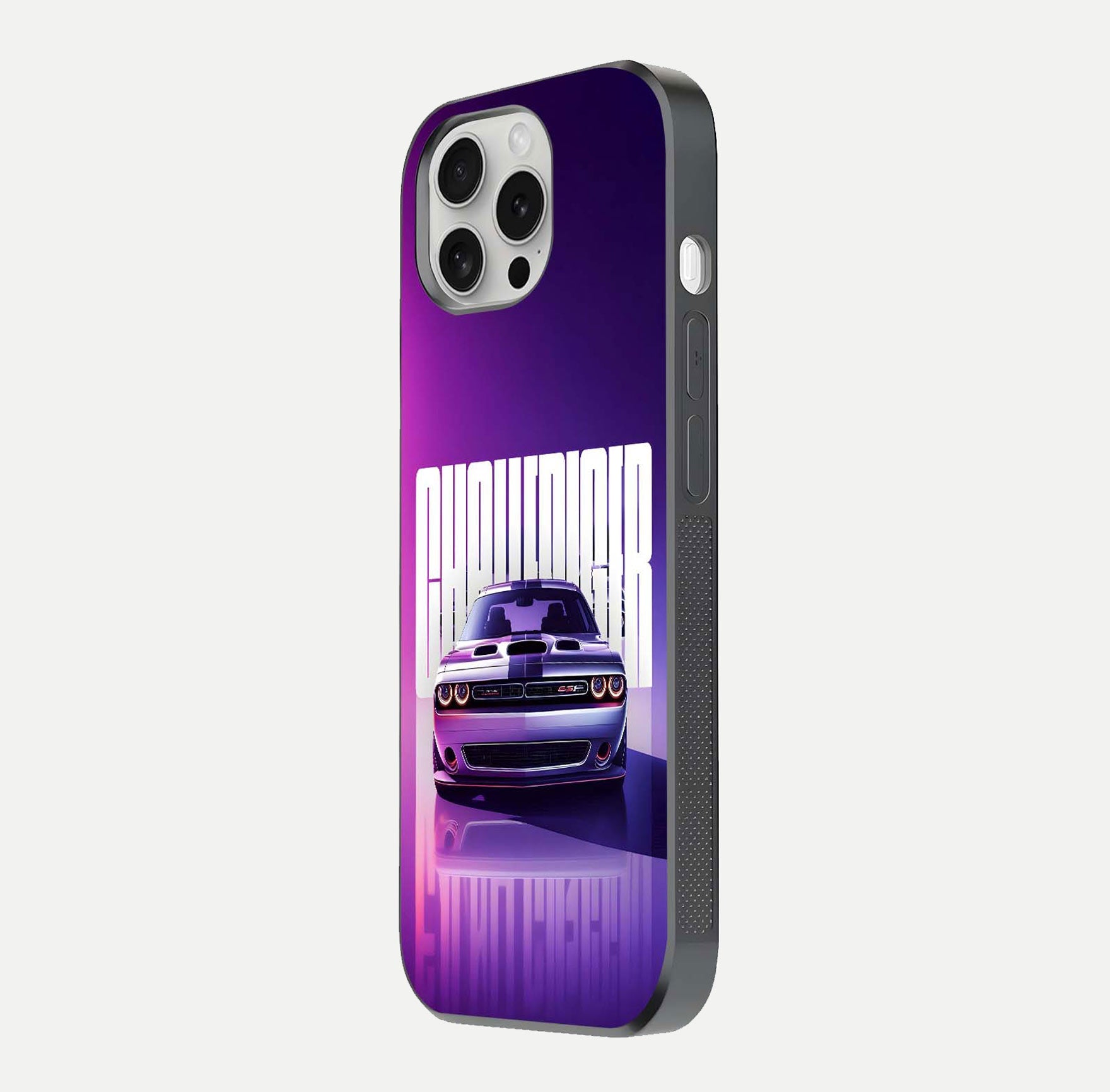 Midnight Muscle Ride Glass Case for iPhone 16 Pro side-angle image showing reflection clarity and bold design