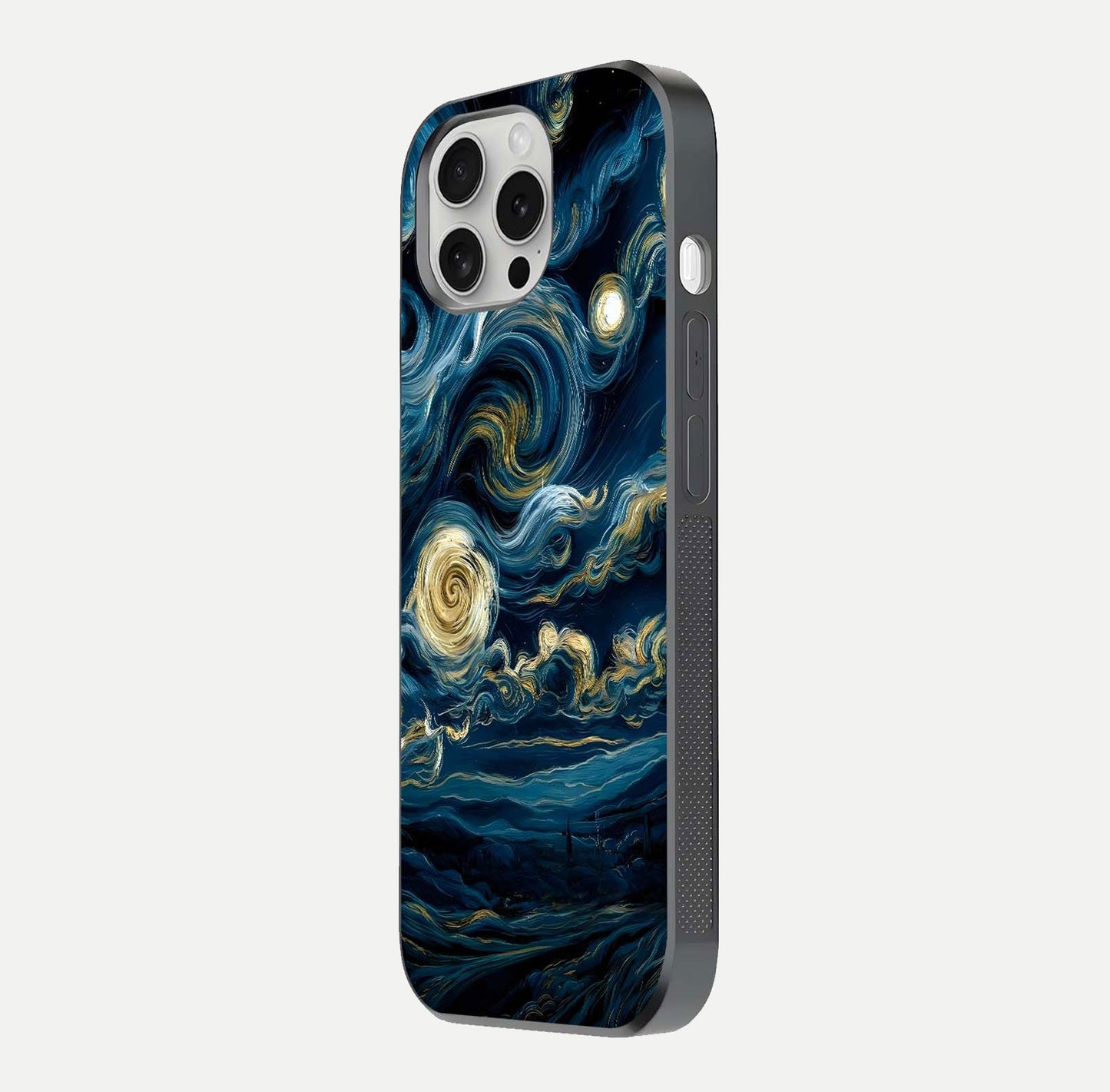 Midnight Sky Whirl Glass Case for iPhone 16 Pro side-angle image showing reflection depth and galaxy pattern