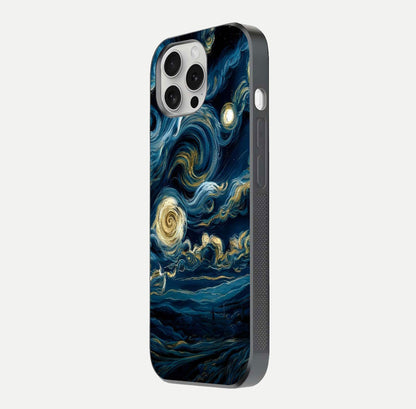 Midnight Sky Whirl Glass Case for iPhone 16 Pro side-angle image showing reflection depth and galaxy pattern
