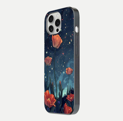 Midnight Tulip Glow Glass Case for iPhone 16 Pro side-angle image showing shine depth and flower artwork