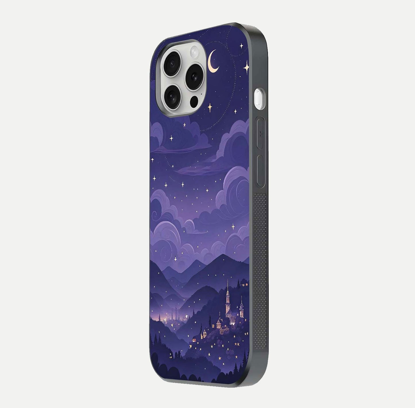 Minimal Night View Glass Case for iPhone 16 Pro side-angle image showing subtle reflection and urban design
