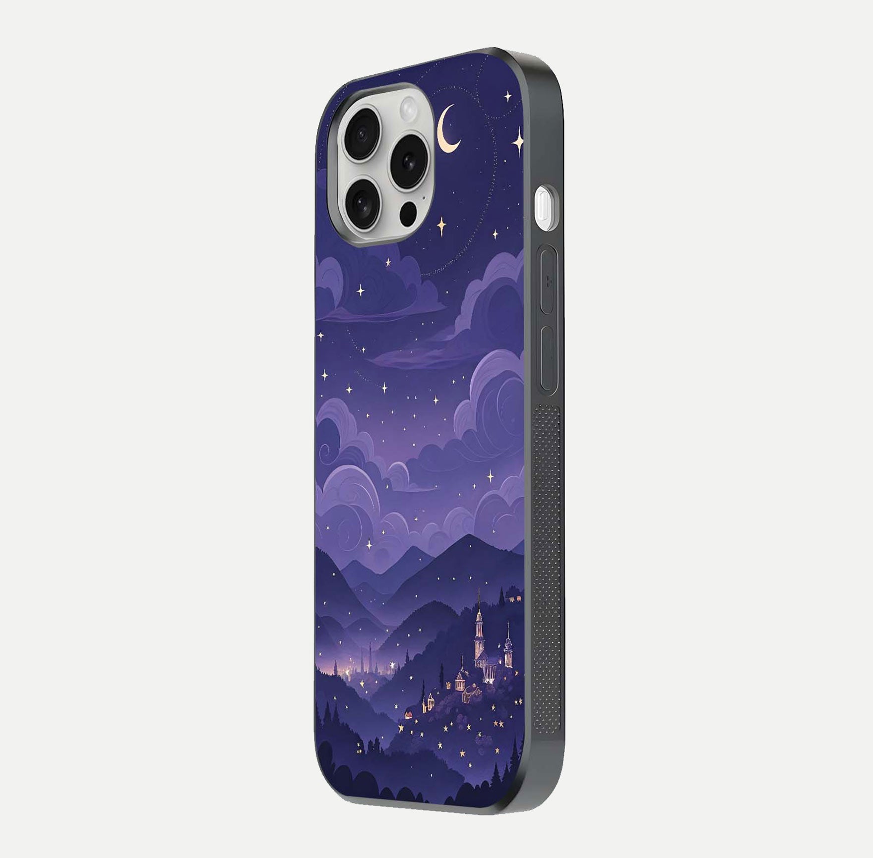 Minimal Night View Glass Case for iPhone 16 Pro side-angle image showing subtle reflection and urban design