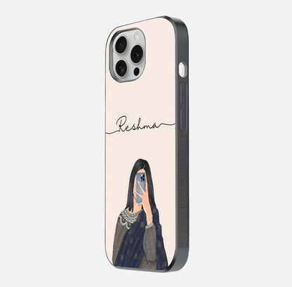 Mirror Mood Muse Custom Name Glass Case for iPhone 16 Pro side-angle image emphasizing glossy mirror texture