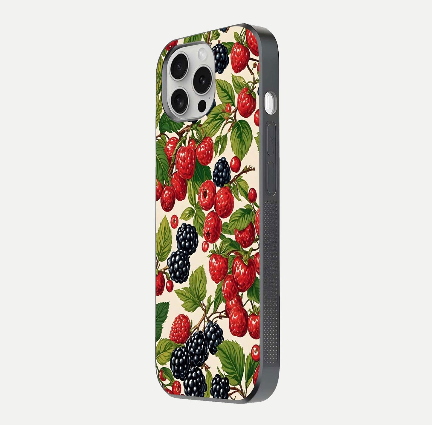 Mixed Berry Collage Glass Case for iPhone 16 Pro side-angle image showing reflection and HD fruit texture