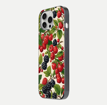 Mixed Berry Collage Glass Case for iPhone 16 Pro side-angle image showing reflection and HD fruit texture