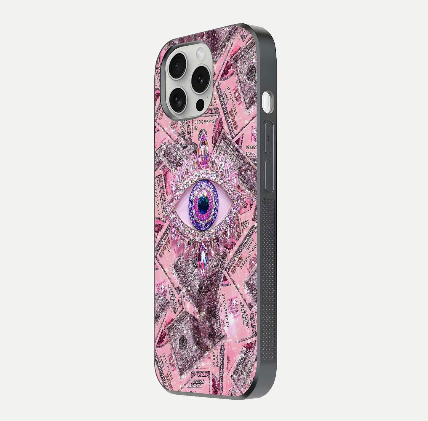 Money Eye Luxe Glass Case for iPhone 16 Pro side-angle image showing HD reflection and luxury print clarity
