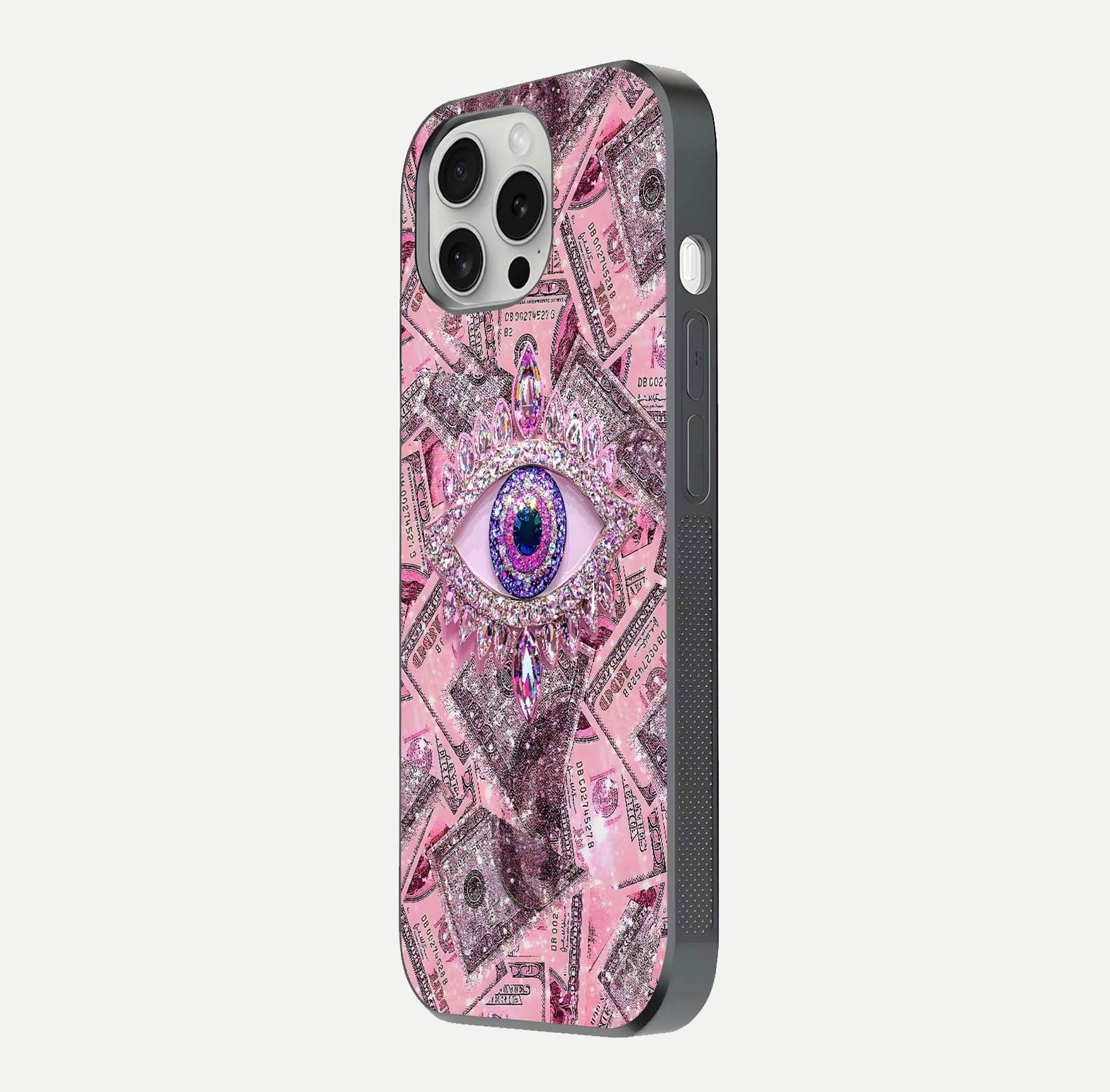 Money Eye Luxe Glass Case for iPhone 16 Pro side-angle image showing HD reflection and luxury print clarity