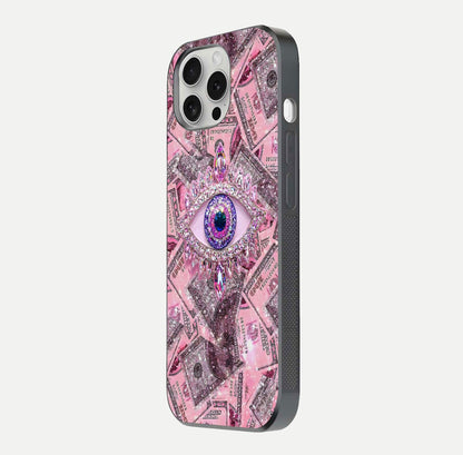 Money Eye Luxe Glass Case for iPhone 16 Pro side-angle image showing HD reflection and luxury print clarity