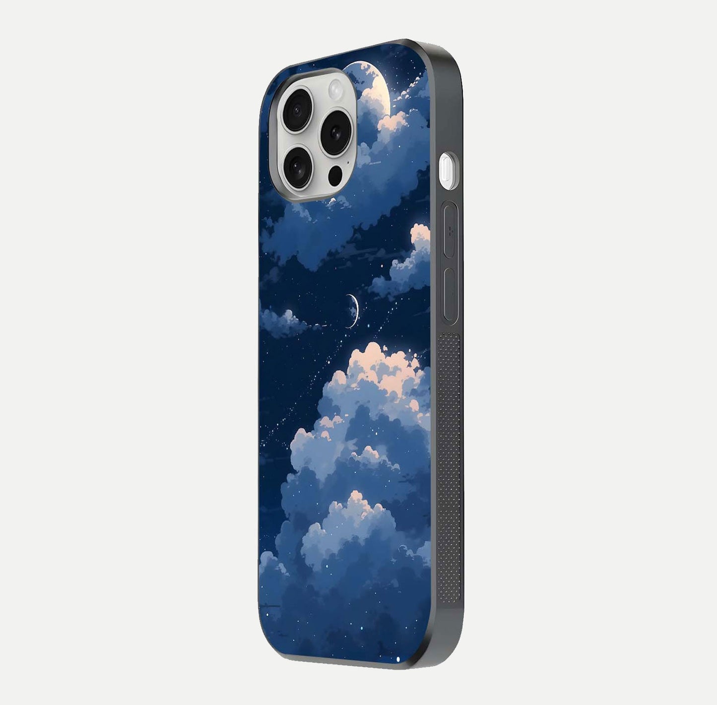 Moon Dream Haze Glass Case for iPhone 16 Pro side-angle image showing HD reflection and moonlight detailing