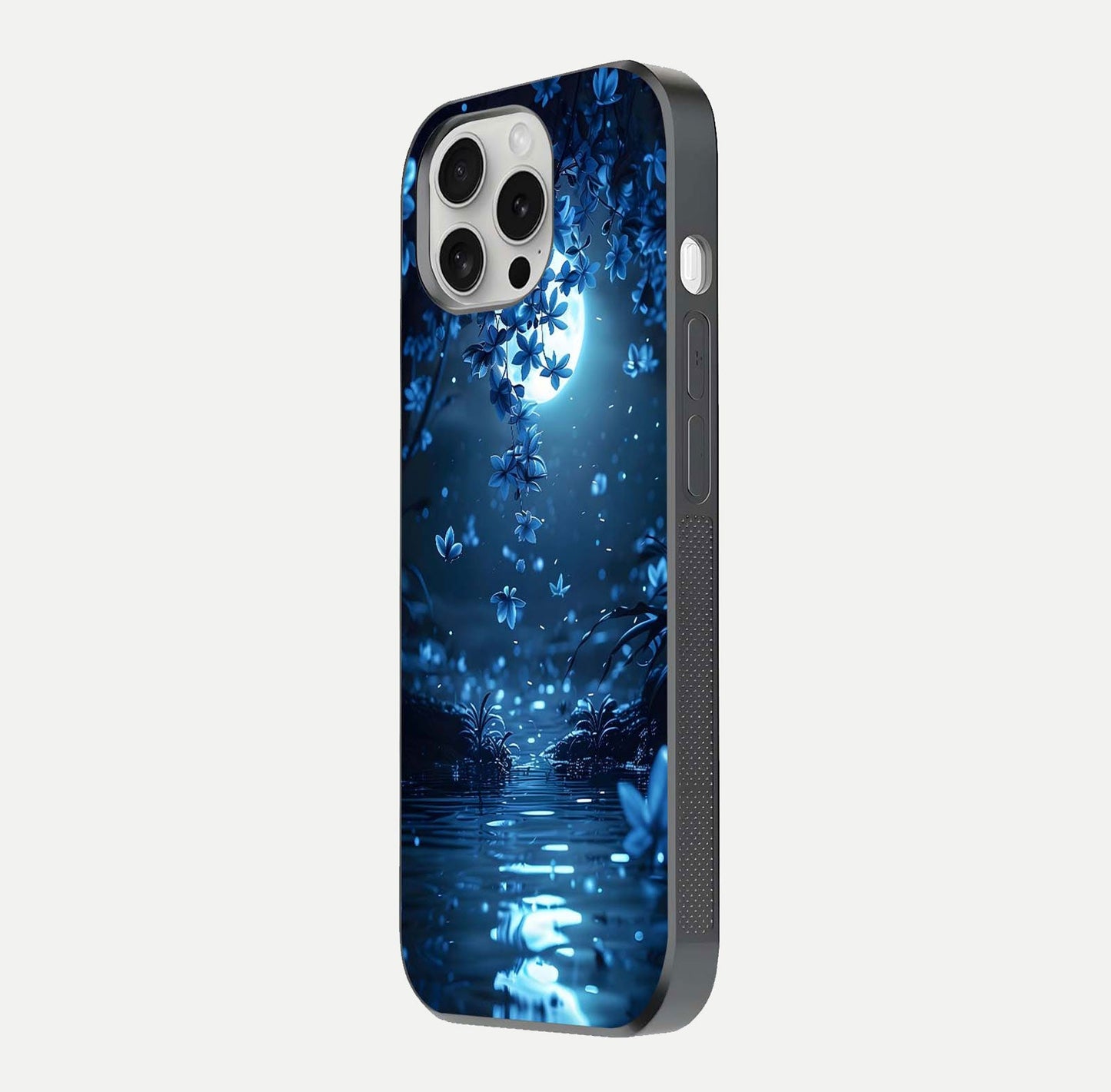 Moonlight Petal Dream Glass Case for iPhone 16 Pro side-angle image showing reflection and petal detail