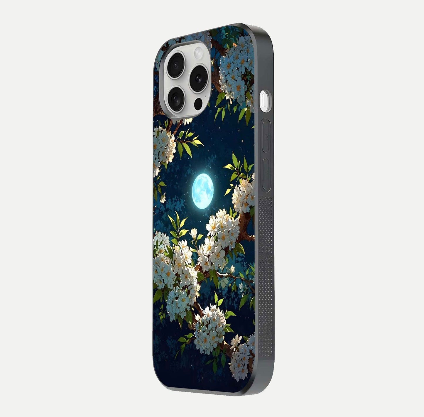 Moonlit Blossom Dream Glass Case for iPhone 16 Pro side-angle image showing shine depth and flower glow