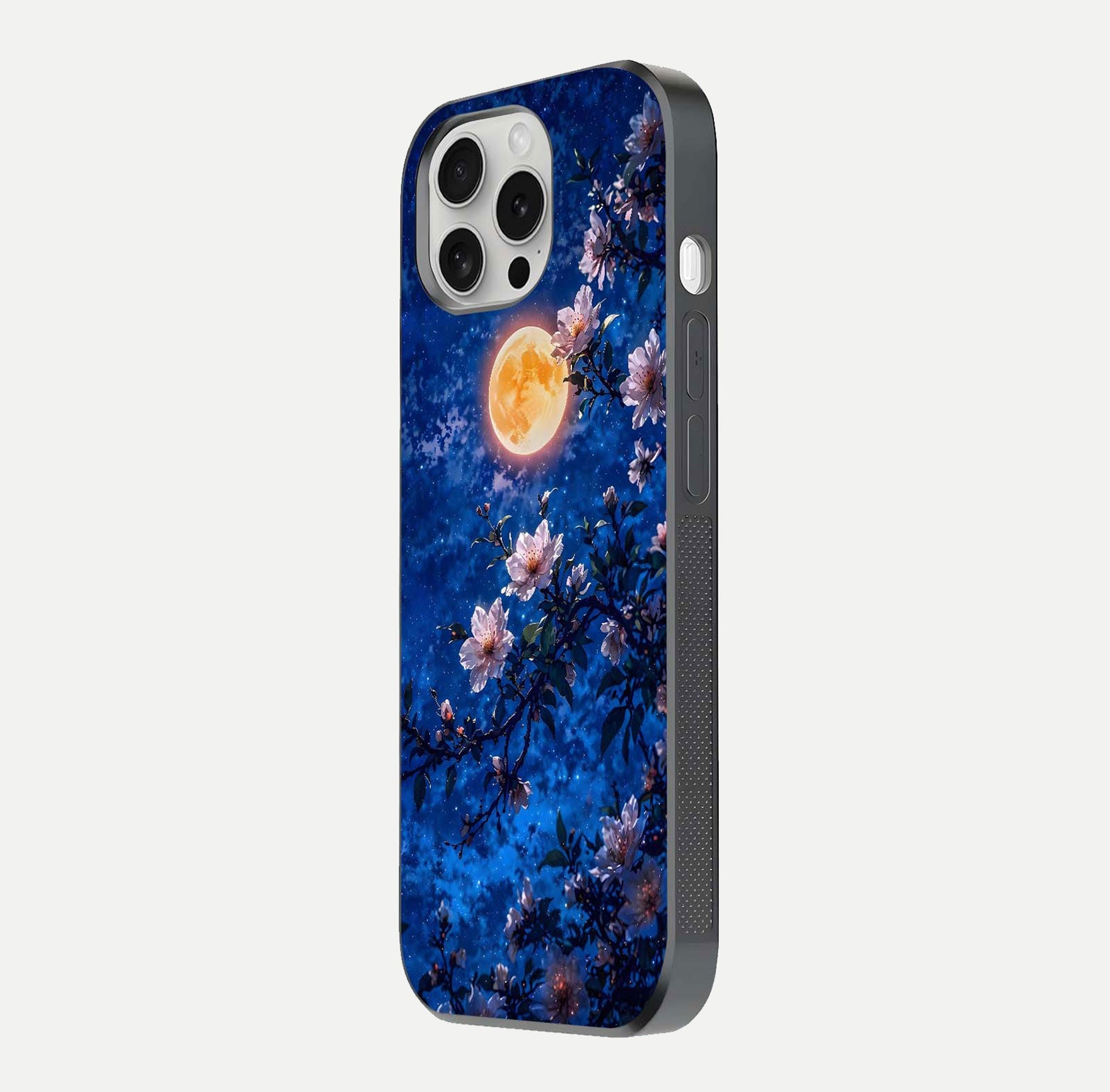 Moonlit Blossoms Night Glass Case for iPhone 16 Pro side-angle image revealing shine and night bloom texture