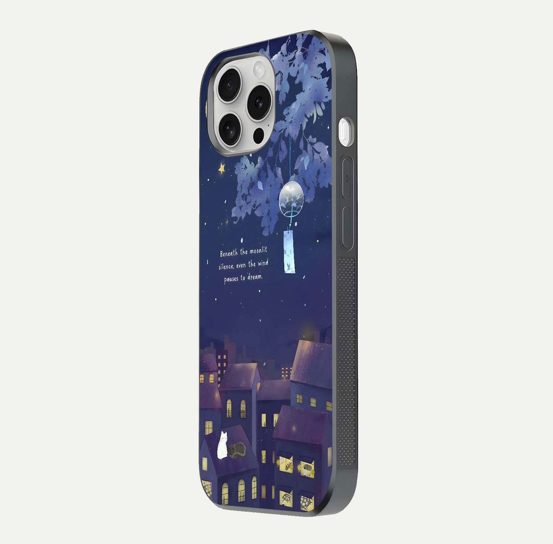 Moonlit Cat Silence Glass Case for iPhone 16 Pro side-angle image showing HD gloss and feline artwork detail