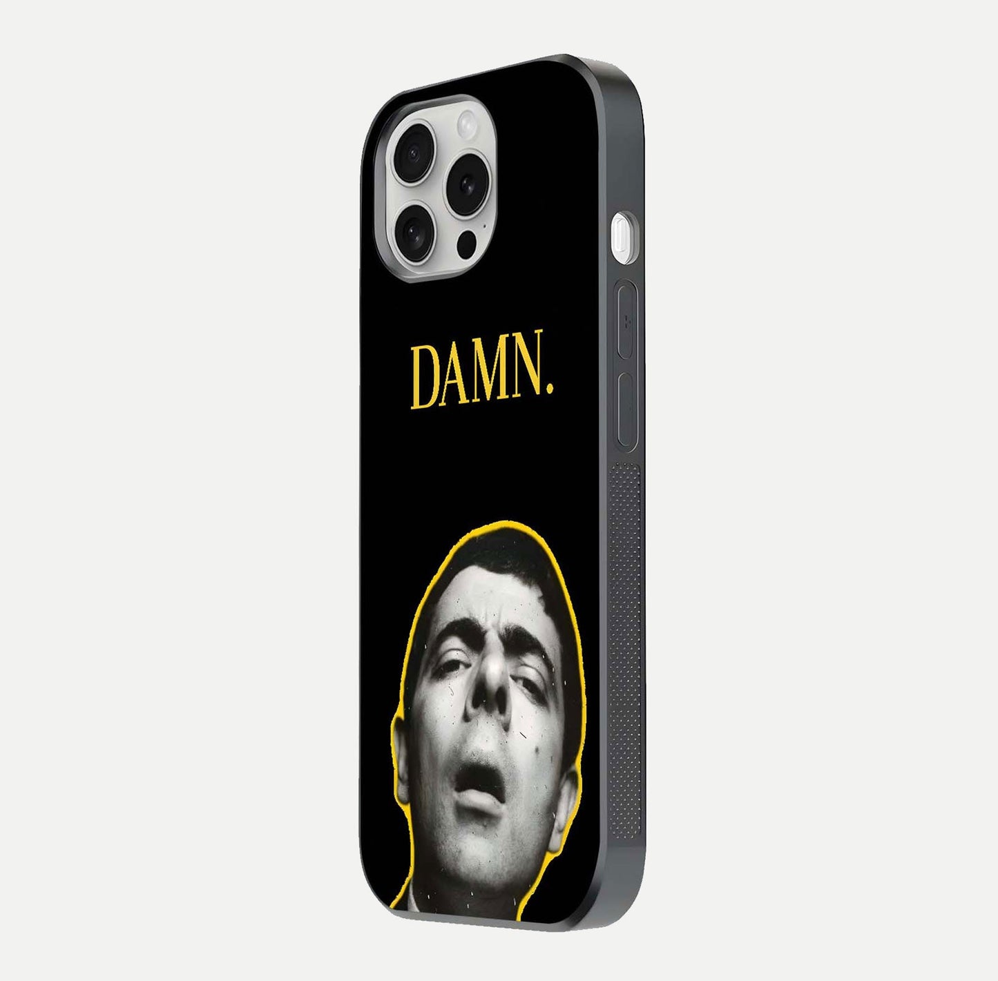 Mr Bean Damn Glass Case for iPhone 16 Pro side-angle image emphasizing HD print clarity and playful theme