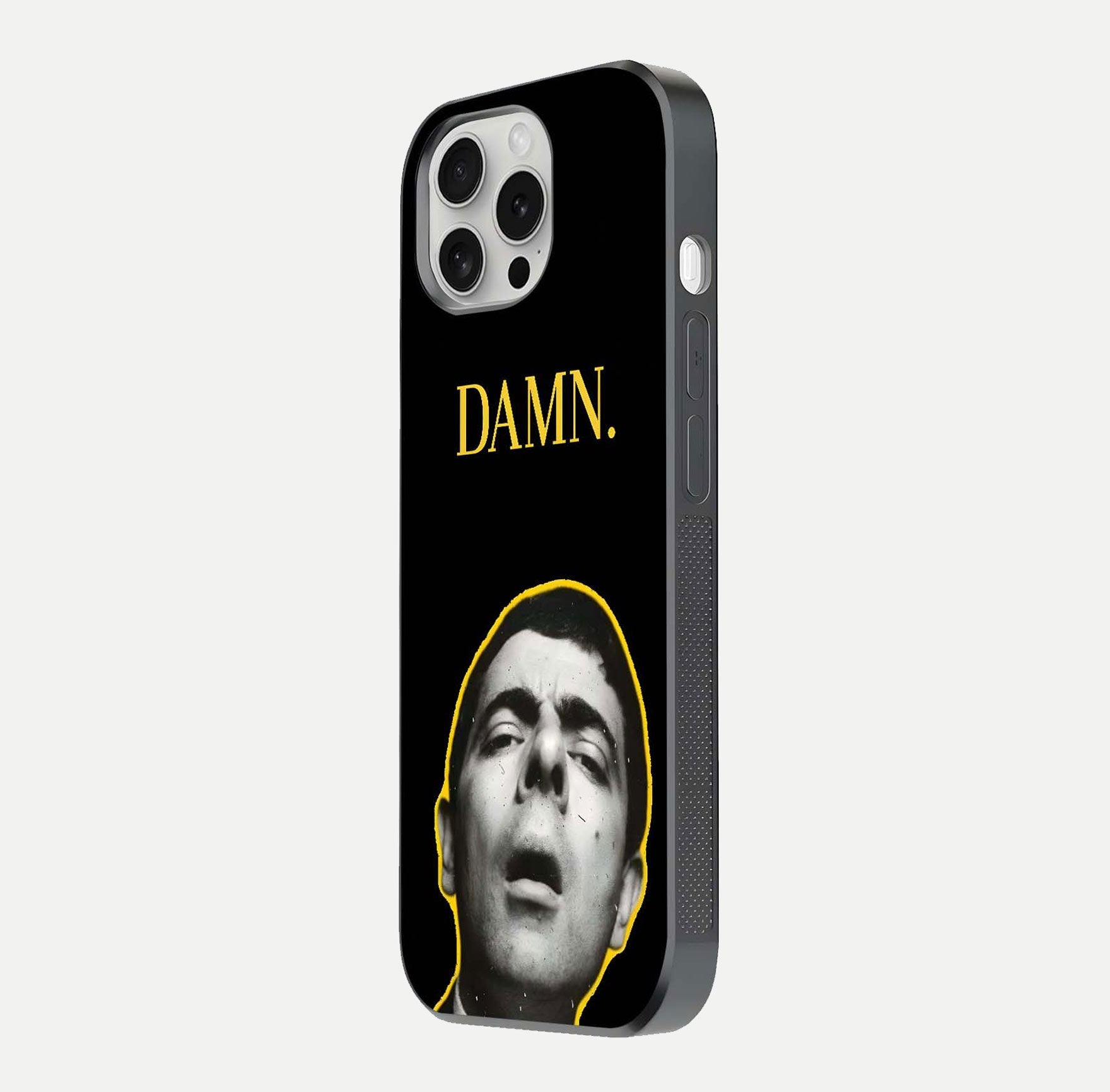 Mr Bean Damn Glass Case for iPhone 16 Pro side-angle image emphasizing HD print clarity and playful theme