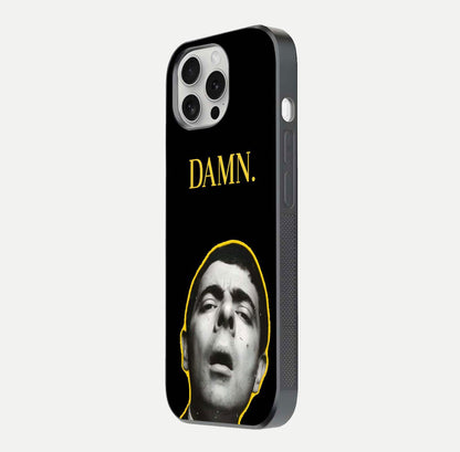Mr Bean Damn Glass Case for iPhone 16 Pro side-angle image emphasizing HD print clarity and playful theme