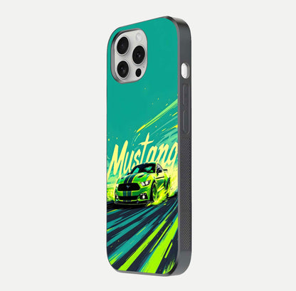 Mustang Bang Glass Case for iPhone 16 Pro side-angle image showing reflection clarity and bold car artwork
