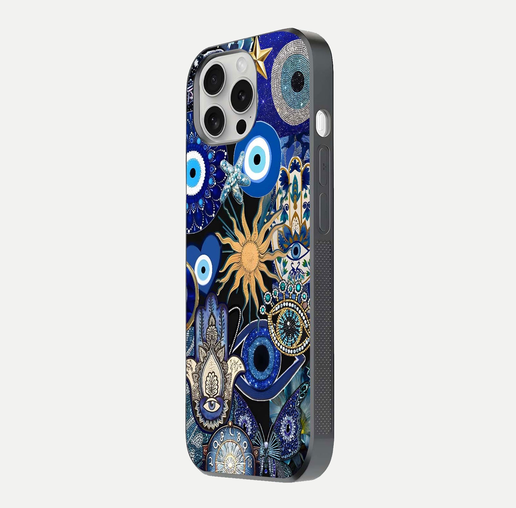 Mystic Blue Evil Eye Glass Case for iPhone 16 Pro side-angle image showing smooth gloss and charm design