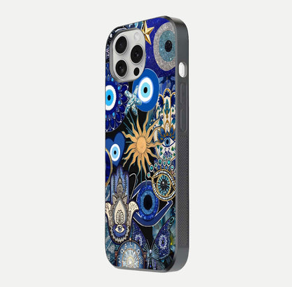 Mystic Blue Evil Eye Glass Case for iPhone 16 Pro side-angle image showing smooth gloss and charm design