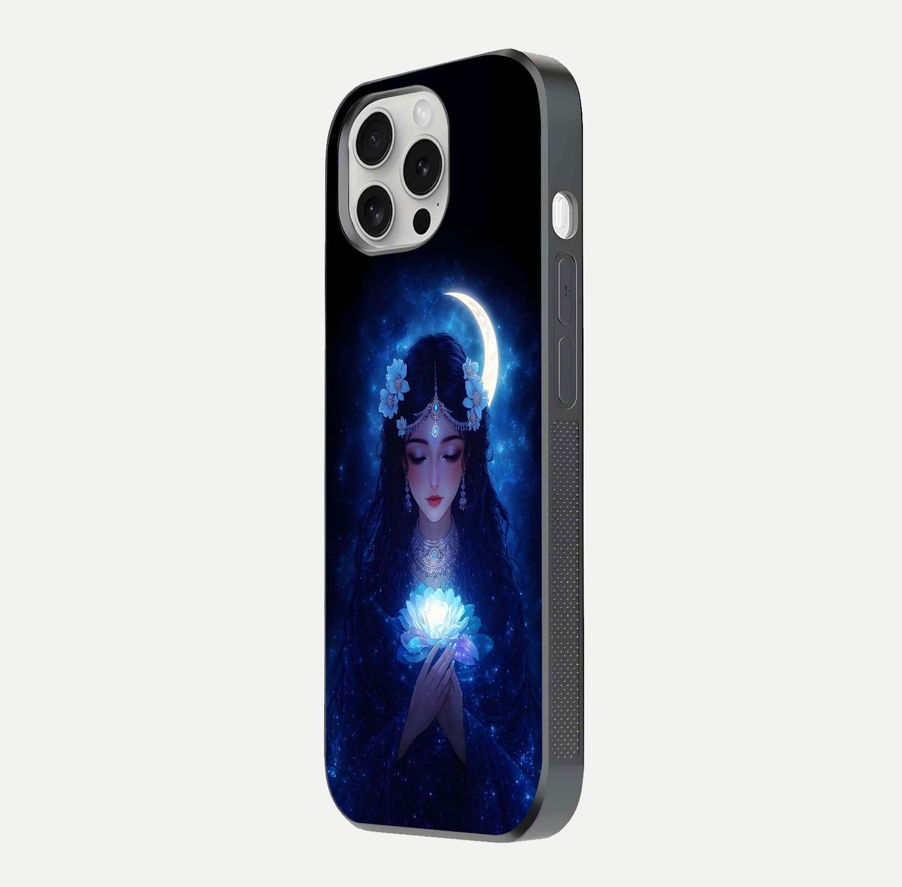 Mystic Moon Queen Glass Case for iPhone 16 Pro side-angle image showing reflection and celestial details