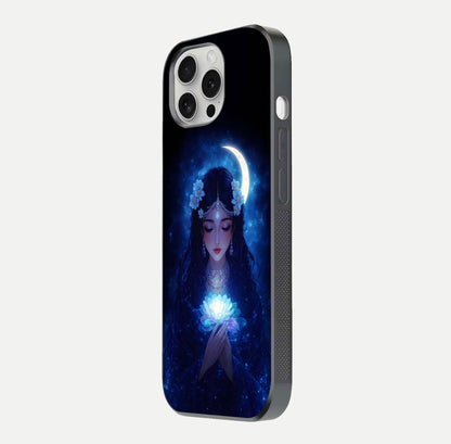 Mystic Moon Queen Glass Case for iPhone 16 Pro side-angle image showing reflection and celestial details