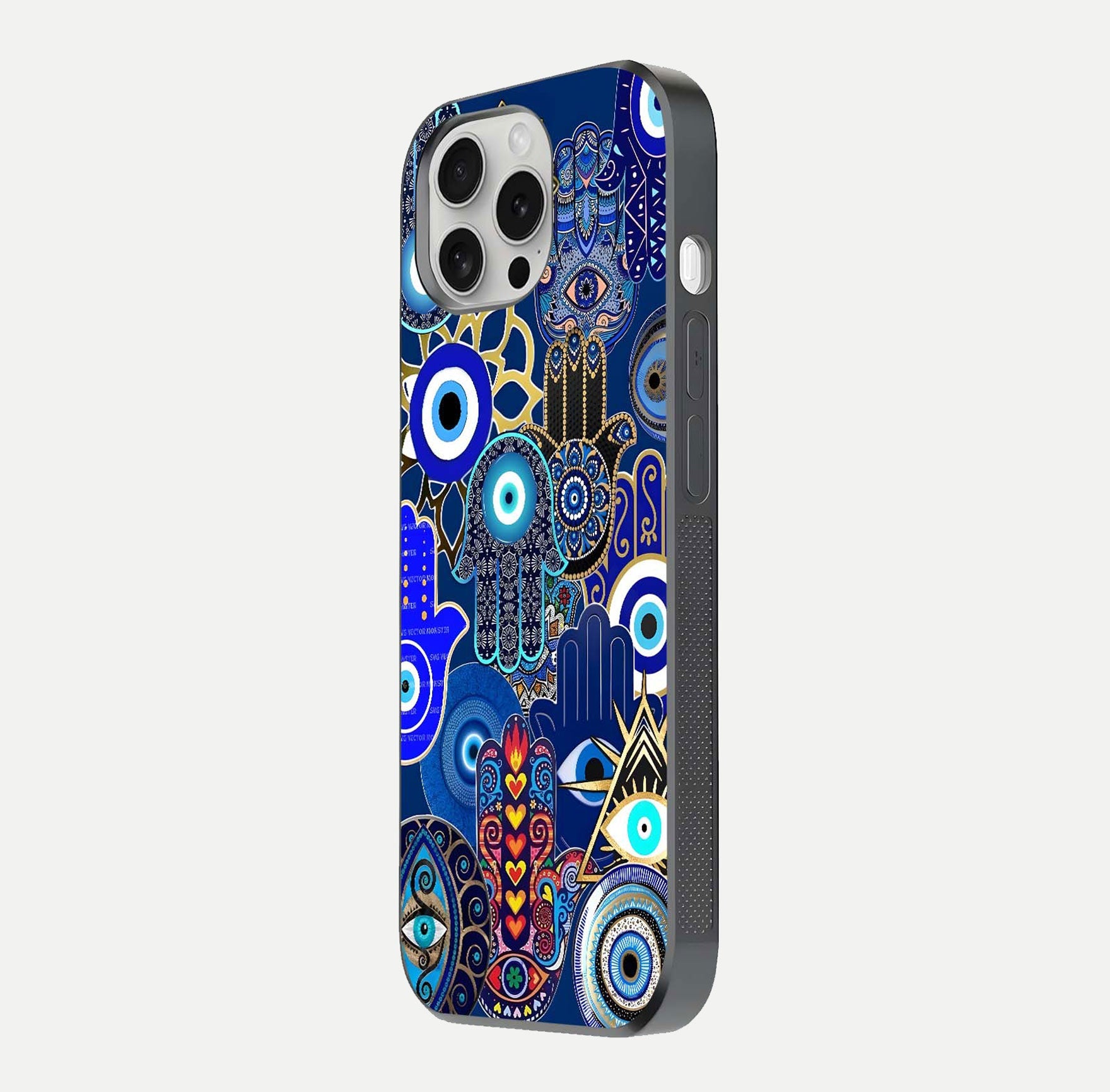 Mystic Palm Guard Glass Case for iPhone 16 Pro side-angle image showing shine depth and sacred motif