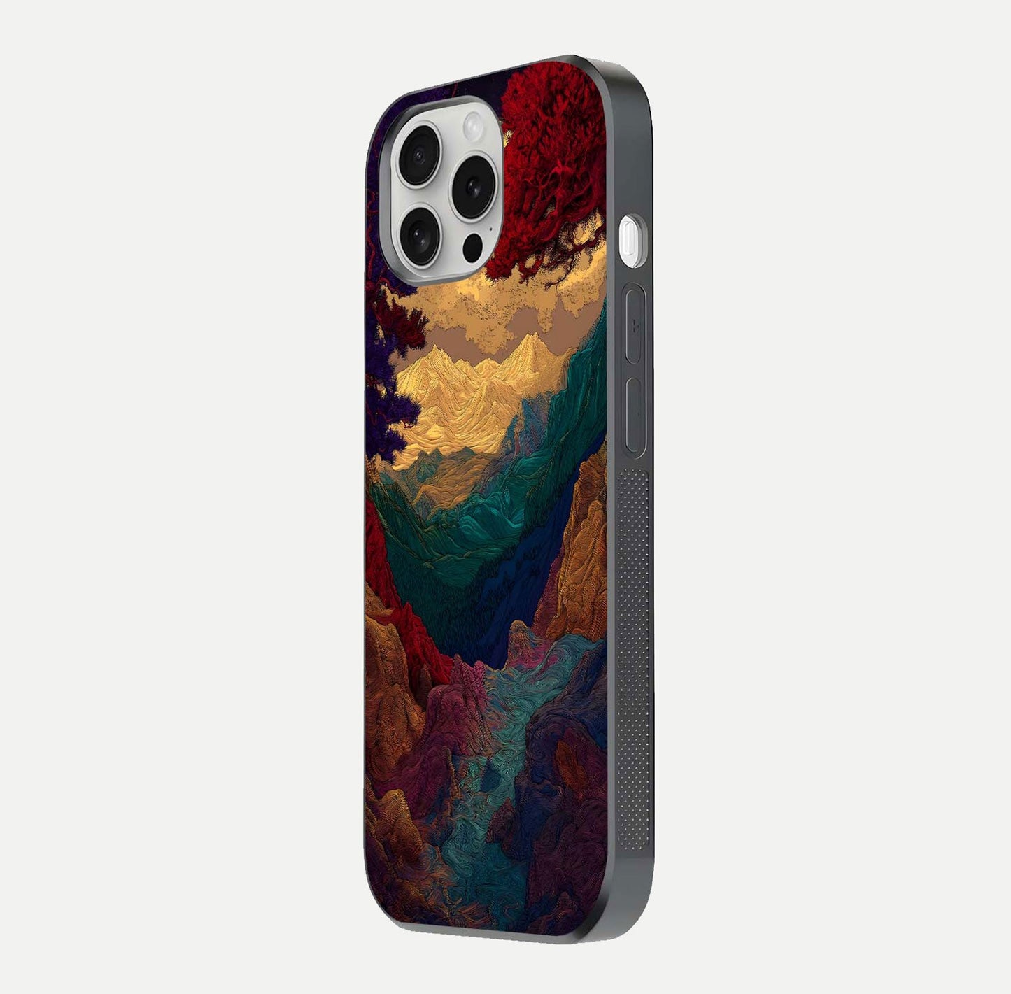 Mystic Valley Light Glass Case for iPhone 16 Pro side-angle image showing shine and peaceful hues