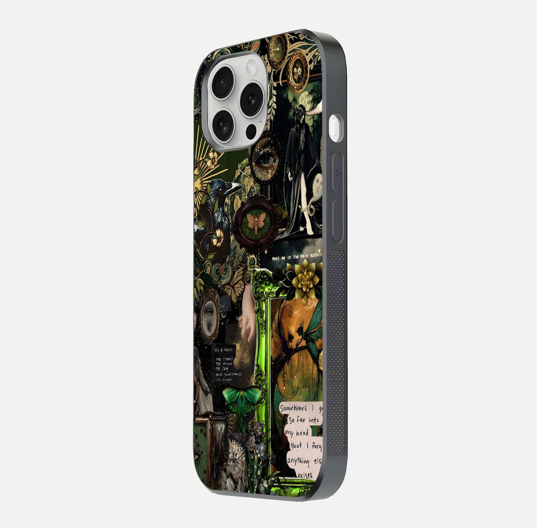 Mystic Woods Secret Glass Case for iPhone 16 Pro side-angle image showing gloss reflection and forest pattern