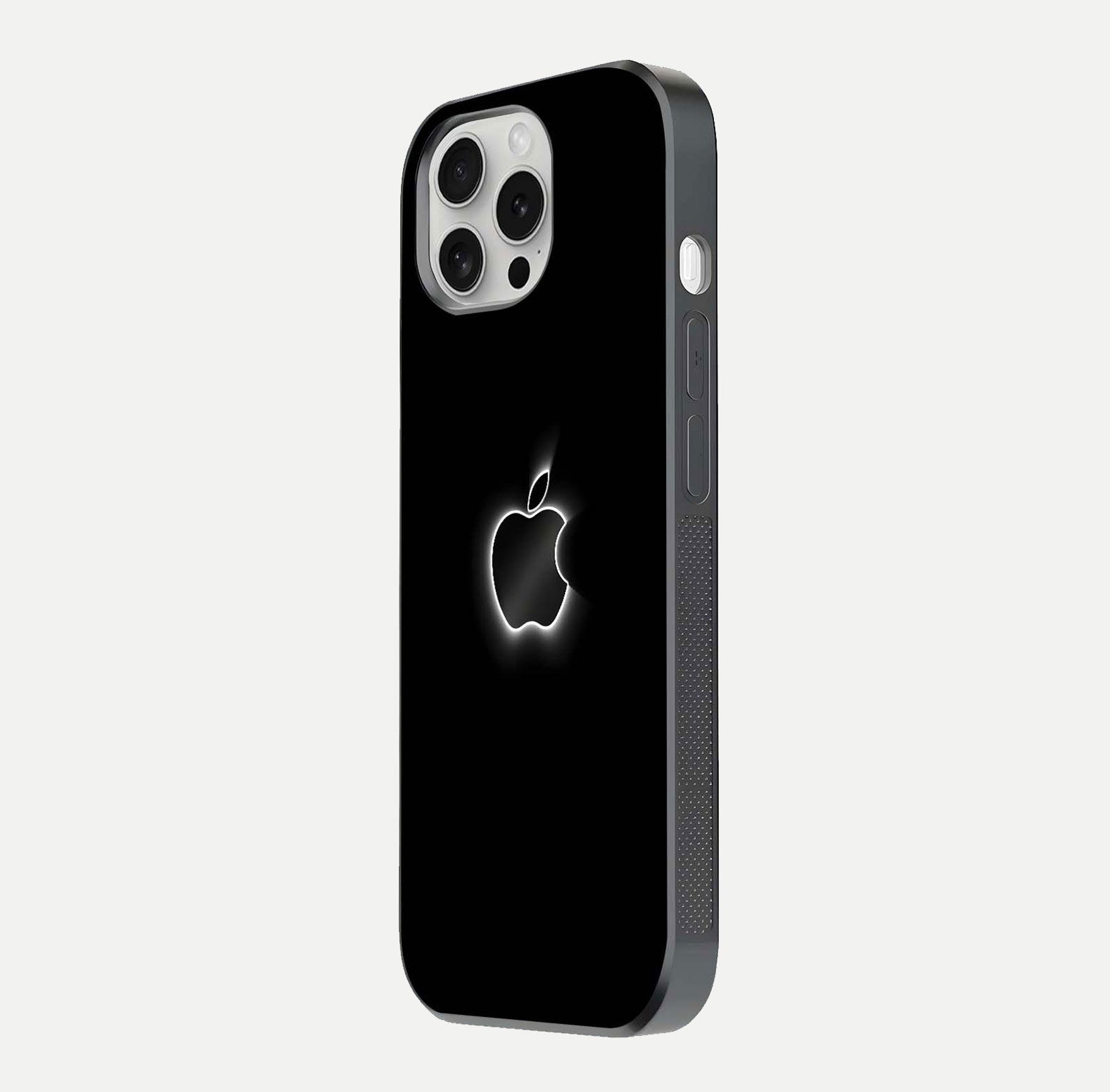 Neon Apple Glow Glass Case for iPhone 16 Pro side-angle image showing light reflection and glow effect