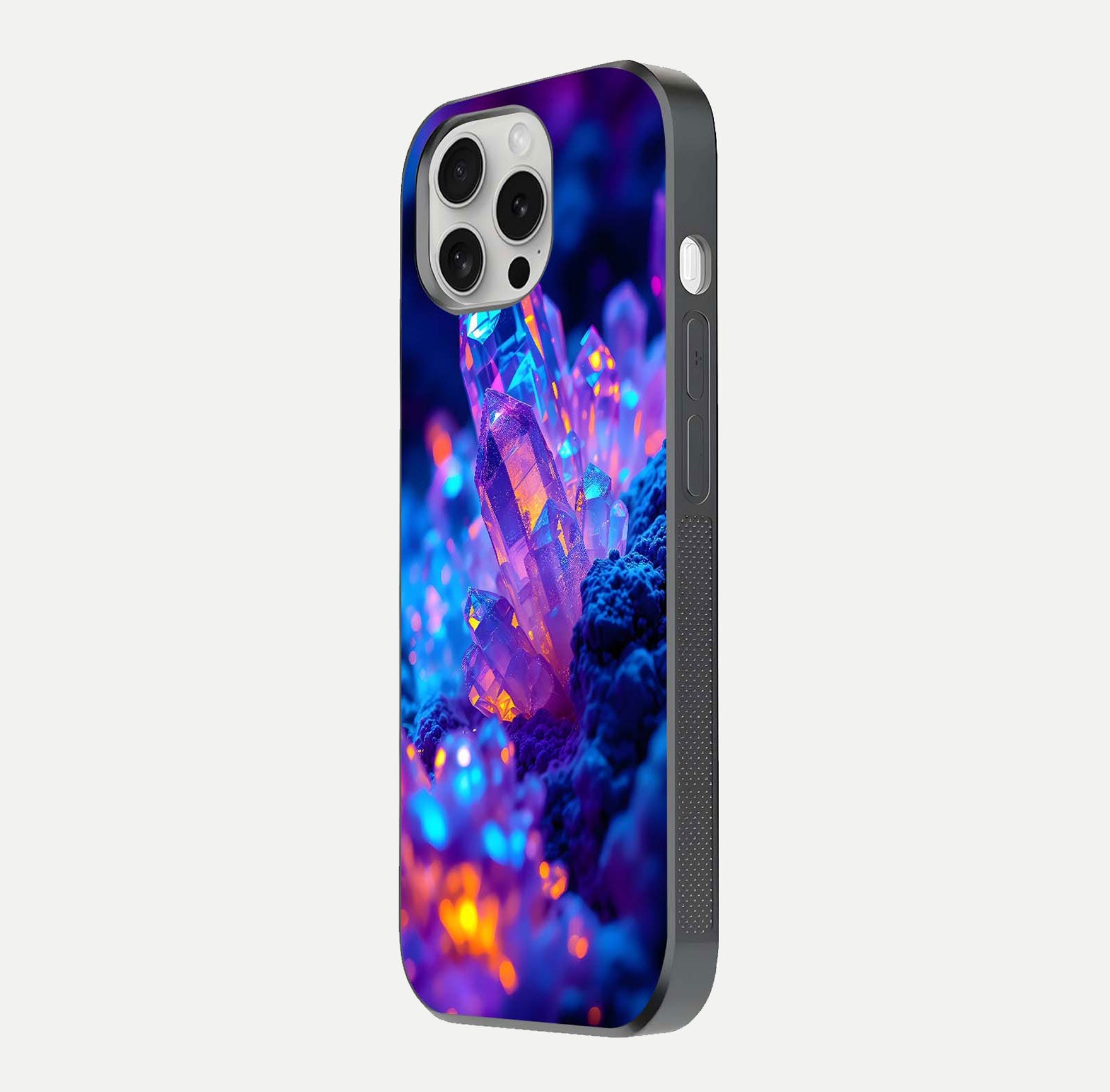 Neon Aura Shards Glass Case for iPhone 16 Pro side-angle image showing light depth and glossy contrast