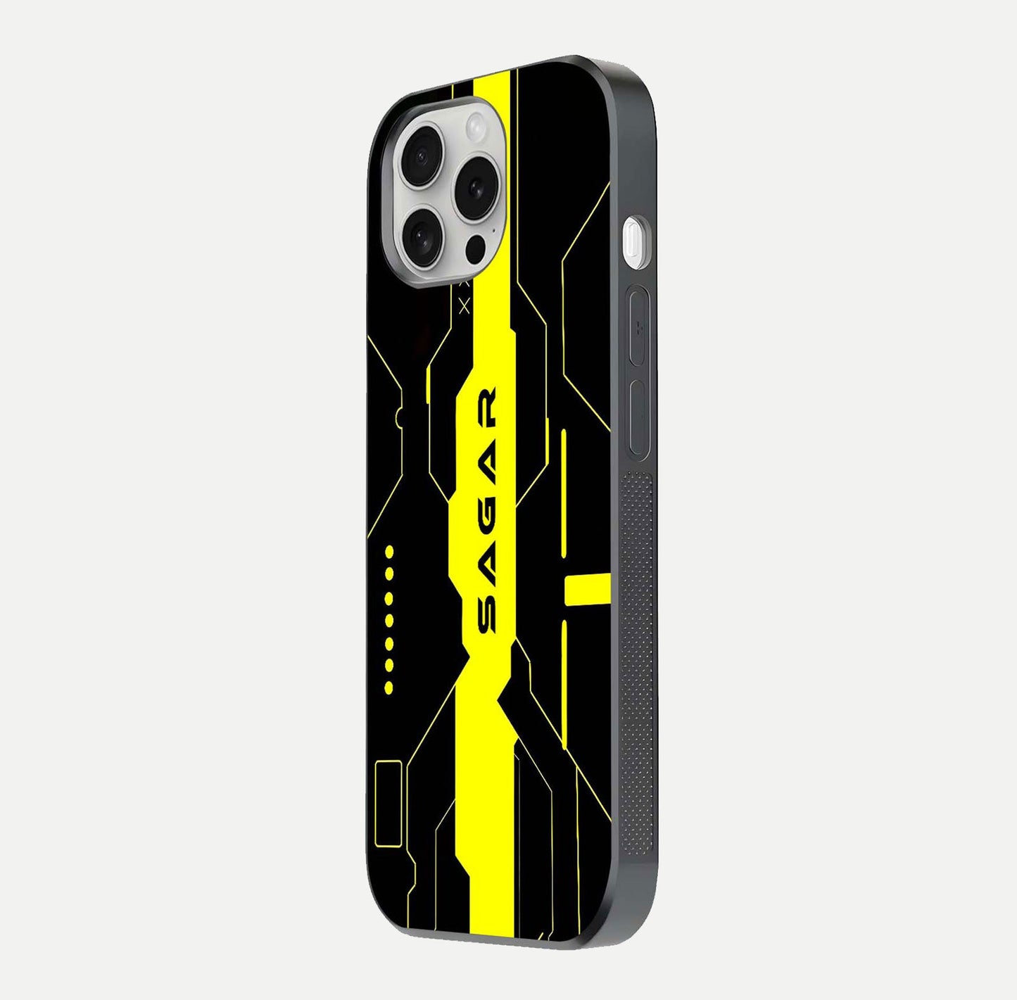 Neon CYBERPUNK Custom Name Glass Case for iPhone 16 Pro side-angle image showing glow depth and bold print