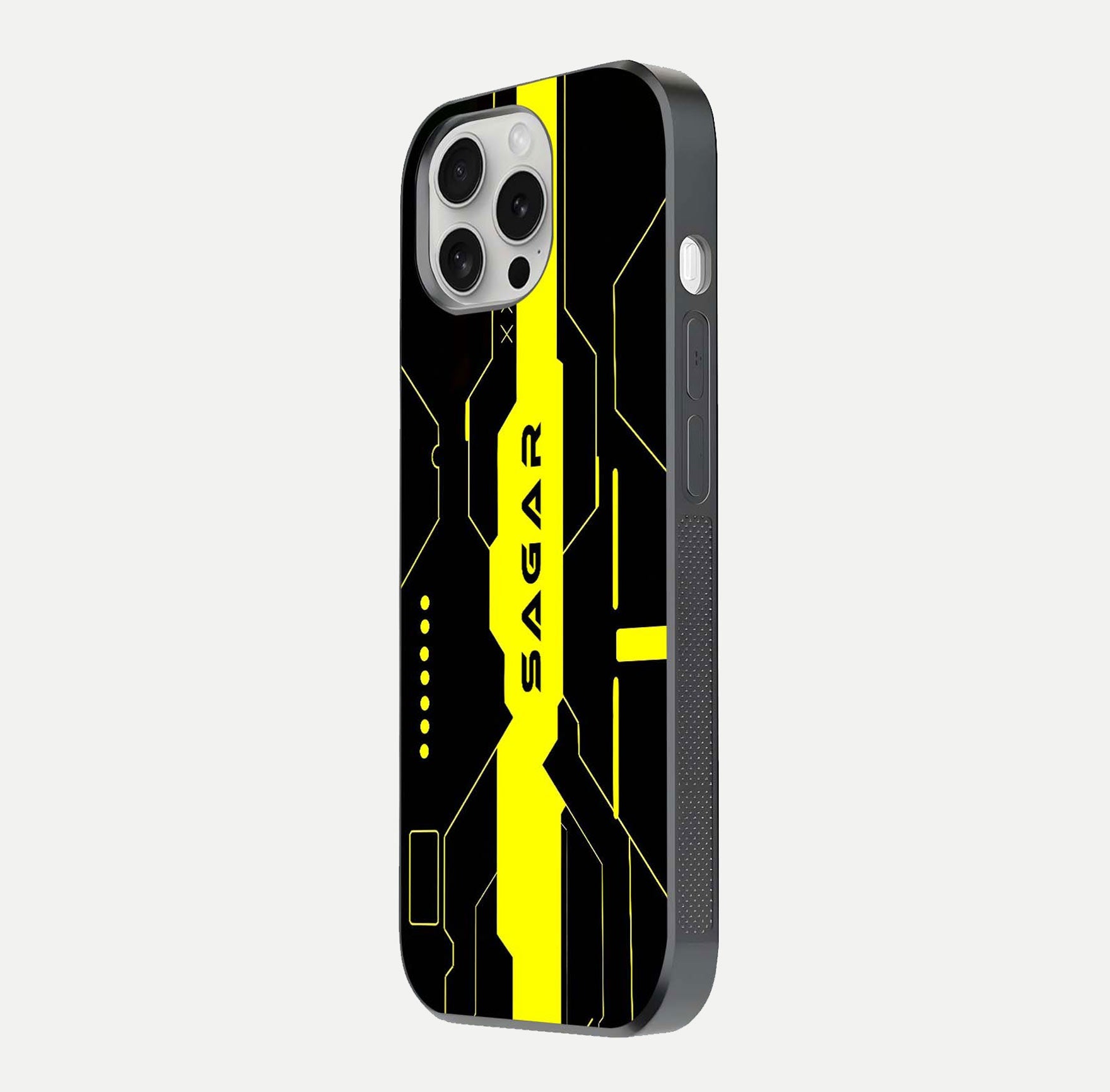 Neon CYBERPUNK Custom Name Glass Case for iPhone 16 Pro side-angle image showing glow depth and bold print