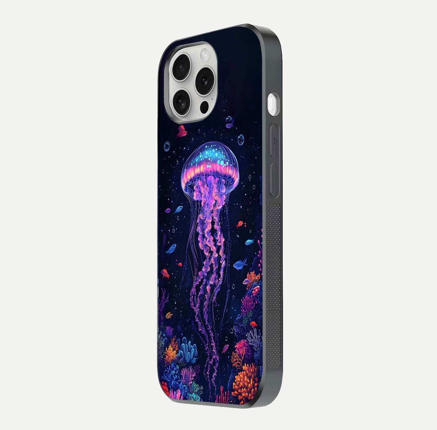 Neon Jellyfish Glass Case for iPhone 16 Pro side-angle image showing reflection and oceanic light detailing