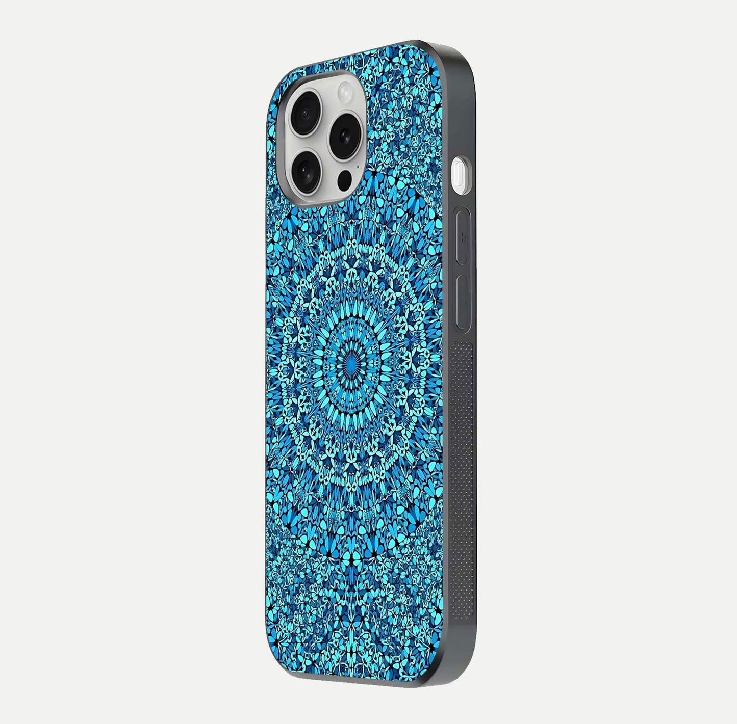 Ocean Bloom Mandala Glass Case for iPhone 16 Pro side-angle image showing reflection and detailed floral pattern
