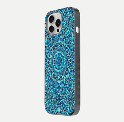 Ocean Bloom Mandala Glass Case for iPhone 16 Pro side-angle image showing reflection and detailed floral pattern